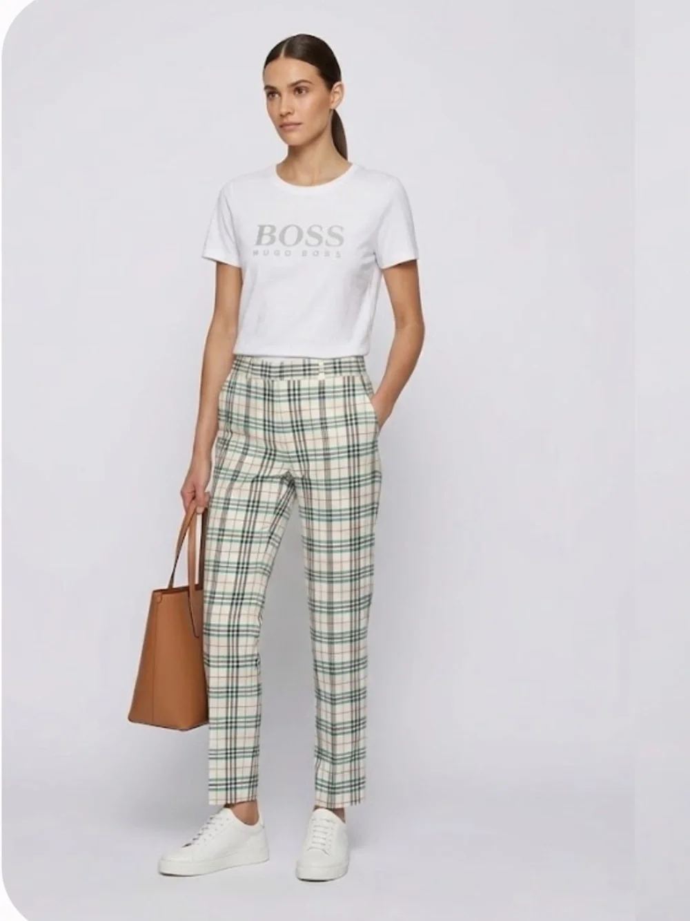 Hugo Boss Straight-Leg Plaid Trousers in Cream & Green 083